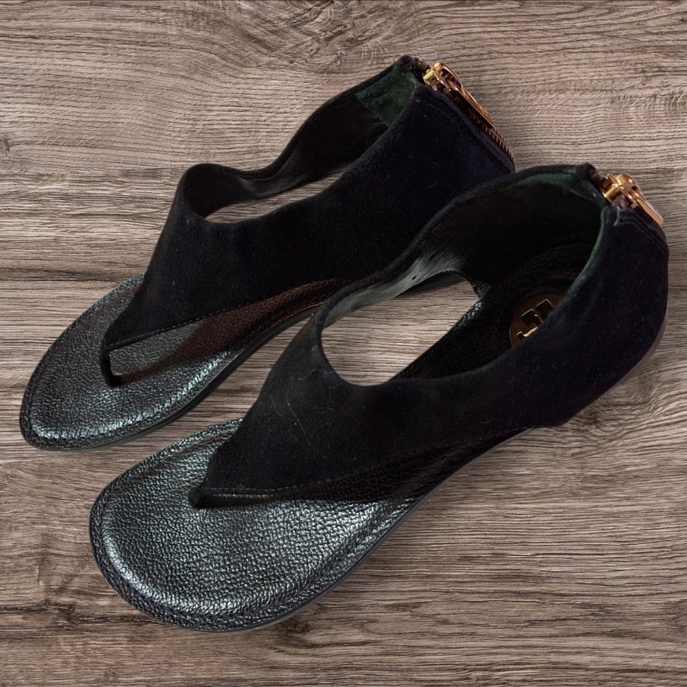 Tory Burch Black Leather Gladiator Heel Zipper Flat Thong Sandals Women Size 7.5 - Picture 2 of 16